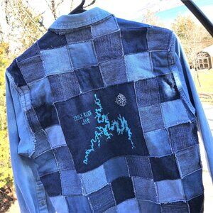 Table Rock Lake Map Patchwork Denim Jacket, Men M: Upcycled Handmade Distressed